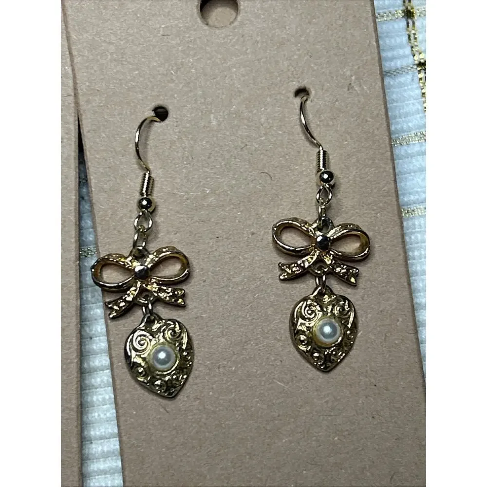 2 Sets Of Dangle Earrings, Christmas Bear Hand Painted, Hearts,Bows Gold Toned